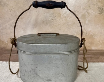 Vintage VIKO Aluminum Lunch Pail with Rope Strap & Nested Trays | 1940s Industrial Lunch Bucket
