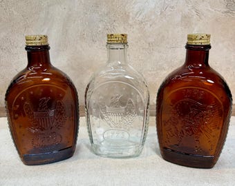 Vintage 1976 Log Cabin Syrup Bicentennial Bottles Set of 3 Amber Clear Glass