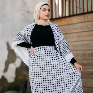 white christmas dresses Open Abaya with Keffiyeh-inspired Design – ABAYATMUNA main image 0