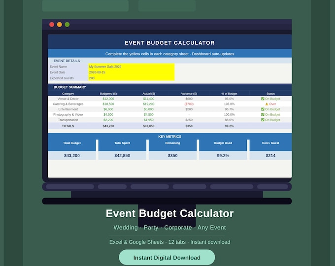 Event Budget Calculator | Wedding, Party, Corporate Planner (Digital Download)