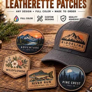 May include: Custom UV printed leatherette patches in various shapes and designs, including mountain, floral, and fish graphics, displayed alongside a grey baseball cap. The text reads Custom UV Printed Leatherette Patches, Adventure Awaits, Ridgeline Outdoors, Wildflower, River Run Fishing Co., and Pine Crest Trail Co.