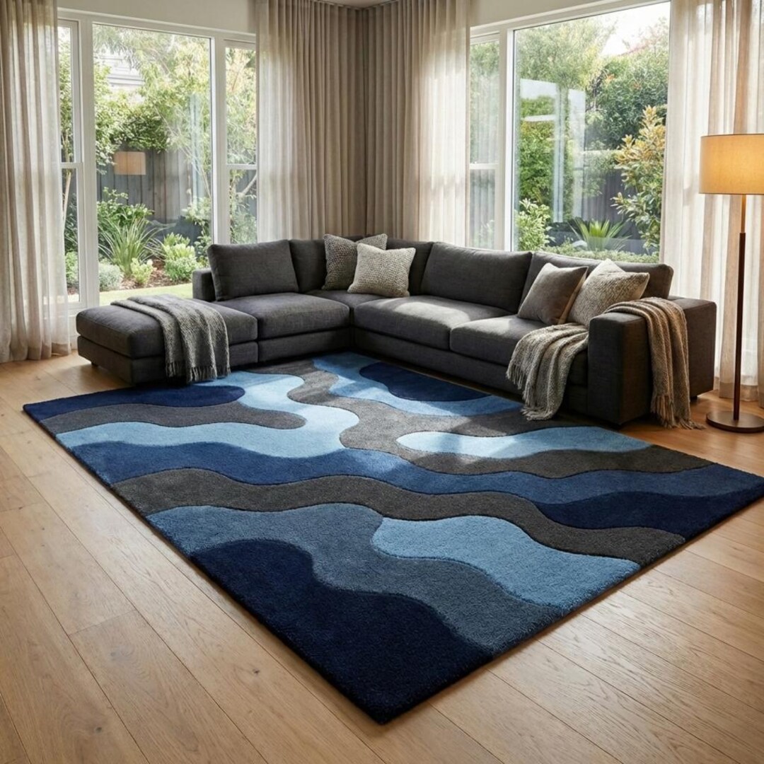 Hand Tufted Blue Abstract Wave Rug, Modern Living Room Carpet 8x10 Ft ...