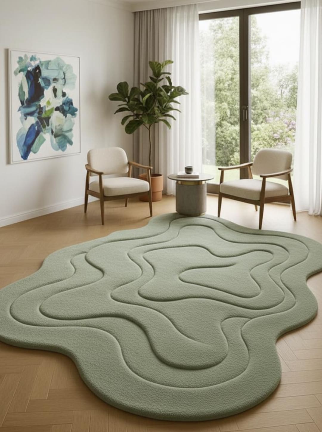 Hand Tufted Sage Green Wool Rug | Modern Organic Shape, 5x7 Ft - Etsy