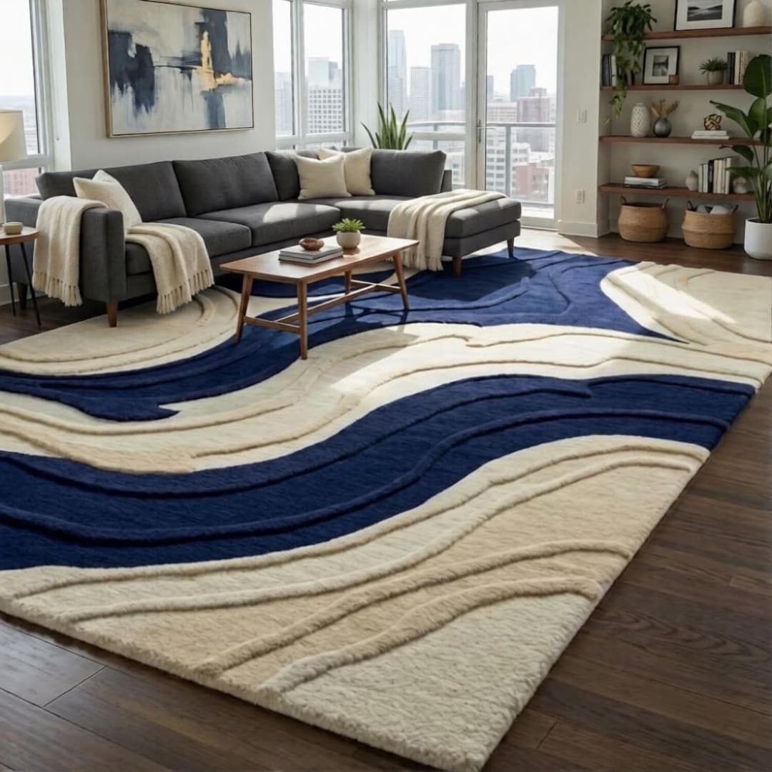 Hand Tufted Blue Cream Abstract Wave Rug – Modern Living Room Carpet ...