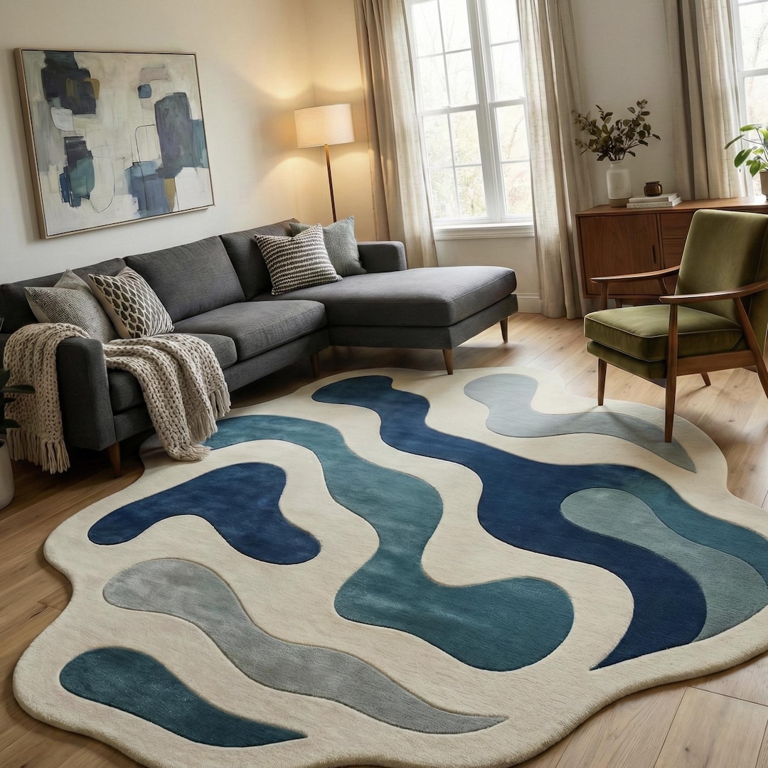 Hand Tufted Abstract Area Rug, Blue Beige Wavy Carpet, 8x10 - Etsy