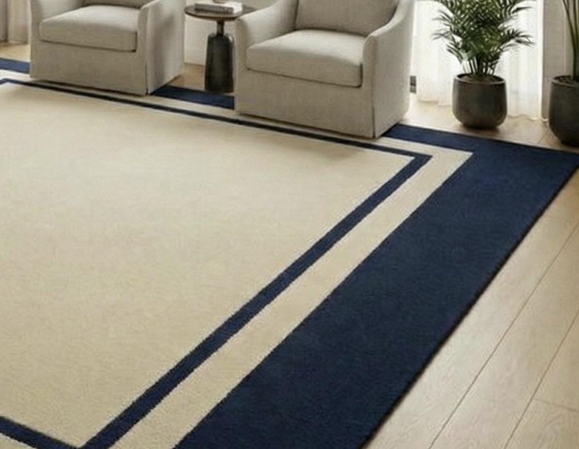 Hand Tufted Cream Area Rug – Modern Navy Blue Border, Minimalist Carpet ...