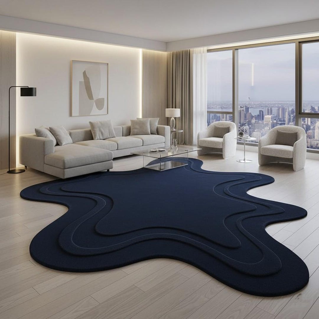 Hand Tufted Navy Blue Rug 6x9 Ft | Abstract Organic Shape Carpet - Etsy