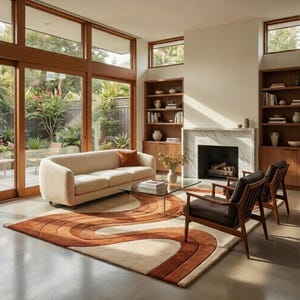 May include: A living room with a cream-colored sofa, a patterned rug in shades of brown and cream, and two wooden armchairs. The room features large windows, a fireplace, and built-in bookshelves, creating a warm and inviting atmosphere.