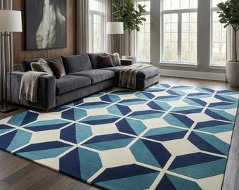 Hand Tufted Wool Area Rug | Modern Geometric Blue Abstract Design