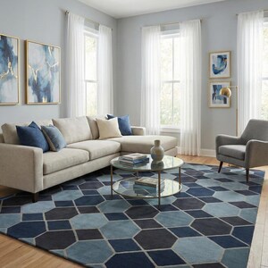 May include: A contemporary living room with a beige corner sofa and blue cushions, a geometric blue rug, and two glass-topped coffee tables. Artwork in gold frames and sheer white curtains complete the decor.