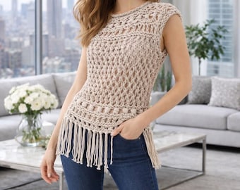 Top de crochet hecho a mano con flecos / Camisa de punto beige boho chic