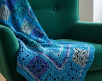 Patrón de manta de ganchillo, manta afgana azul moderna (patrón en PDF, descarga instantánea)