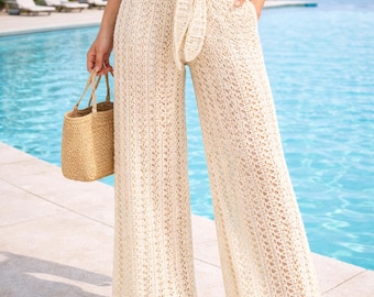 Patrón de pantalón de encaje a crochet, pantalones anchos estilo bohemio para playa (descarga en PDF)