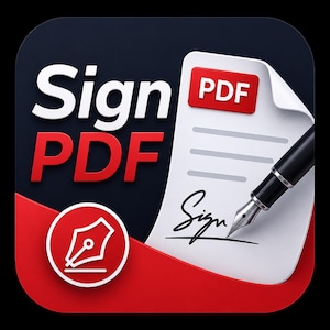 May include: A square app icon with rounded corners featuring the text Sign PDF in white and red against a dark background. A white document page with a red PDF label and a black fountain pen signing a signature is displayed on the right side.
