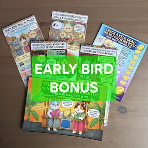 Può includere: Una collezione di carte colorate con illustrazioni di gatti in abiti tailandesi. Le carte presentano testi come "Thailand This or That?" e "Durian-ing Savings Adventure!" con una sovrapposizione "Early Bird Bonus".