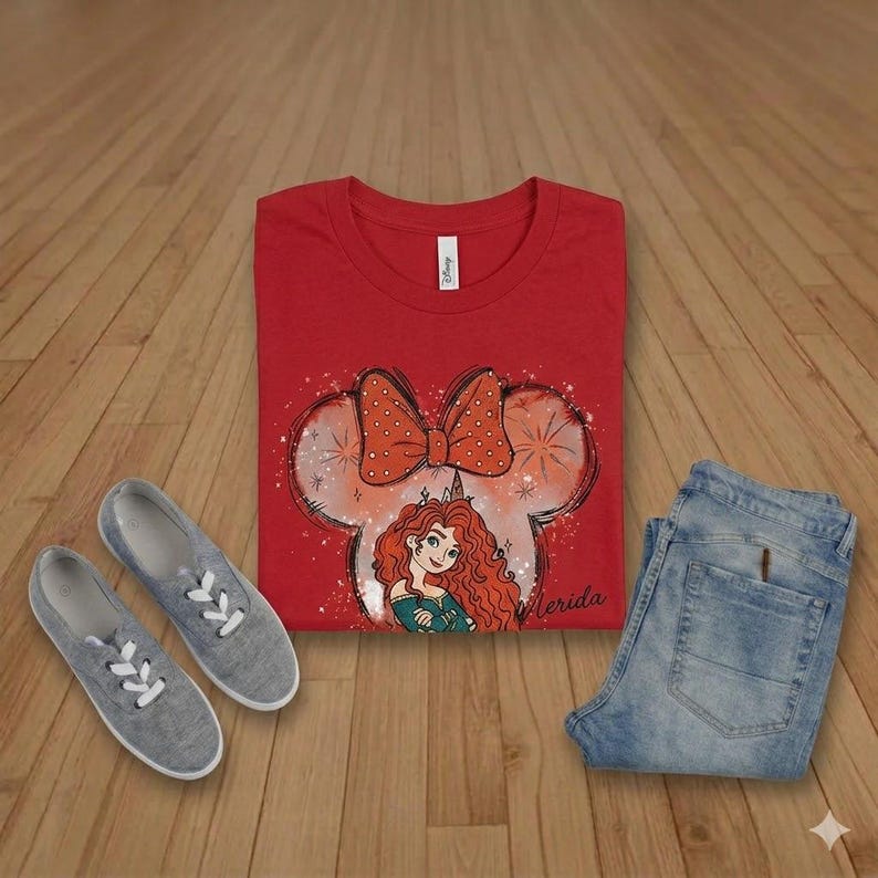May include: A red t-shirt featuring a Minnie Mouse-inspired design with a bow and the image of Merida. The shirt is paired with light blue jeans and gray canvas sneakers. A casual outfit.