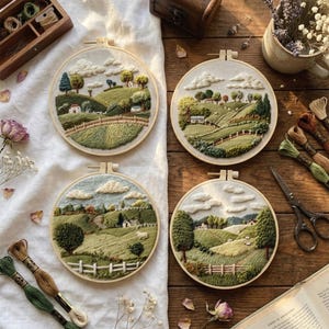Könnte beinhalten: Vier runde Stickrahmen mit detaillierten Landschaftsszenen mit grünen Hügeln, Bäumen, Häusern und flauschigen weißen Wolken. Die Stickerei ist auf einem cremefarbenen Stoff mit Holzreifen angebracht. Die Szene erinnert an ein ländliches Thema.