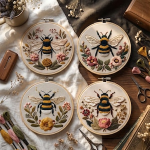 Bee Embroidery Kit Set, Modern Floral Bumblebee Needlework with Hoop, Cute Insect DIY Kit, Beginner Friendly Craft, Handmade Gift