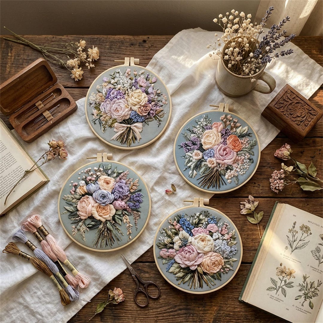 Pastel Floral Embroidery Hoop Art for Beginners, Vintage Bouquet Hand ...