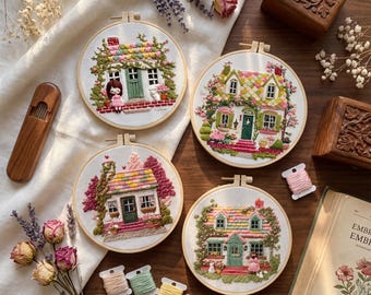 Cute Cottage House Embroidery Kit, Colorful Mini Home Needlework with Hoop, Modern DIY Craft Kit for Beginners, Aesthetic Decor