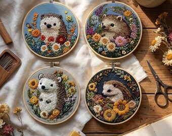 Kit de bordado de erizo, bordado floral de animales con bastidor, lindo kit de manualidades con temática de bosque, ideal para principiantes, regalo hecho a mano.
