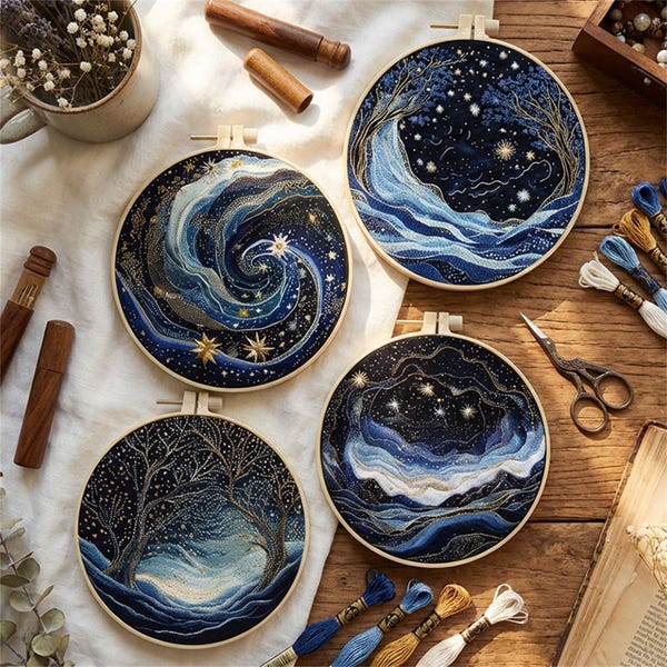 Galaxy Embroidery Kit, Starry Night Wave Hoop Art DIY, Modern Cosmic Stitch Kit for Beginners, Aesthetic Space Wall Decor