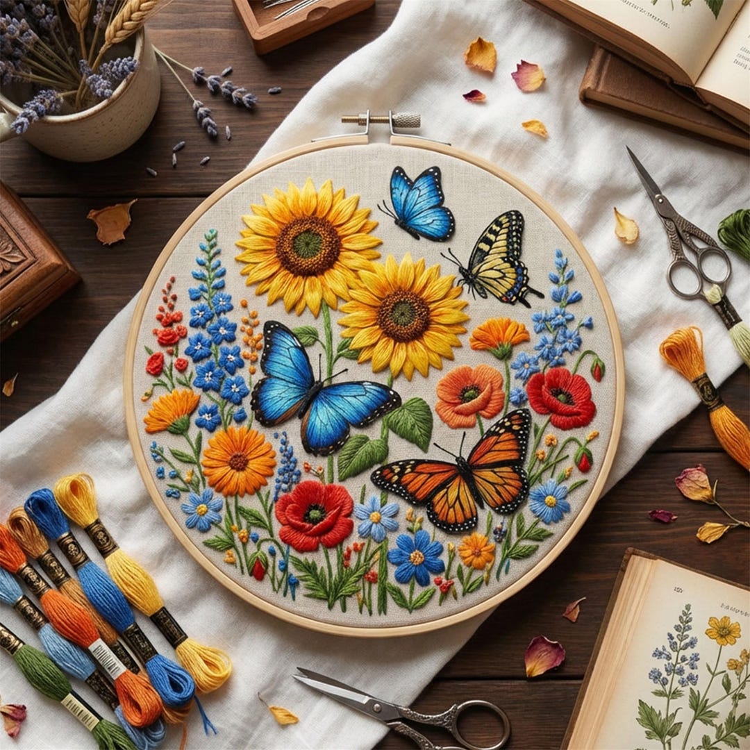 Sunflower Butterfly Embroidery Hoop Art for Beginners, Colorful Floral ...