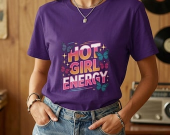 Hot Girl Energy Graphic Tee, Aesthetic Retro Purple Shirt, Trendy Women's Streetwear Gift