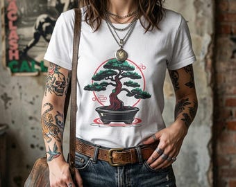 Bonsai Tree T-Shirt, Old School Tattoo Style Graphic Tee, Minimalist Japanese Art Shirt, Botanical Lover Gift, Unisex Streetwear Clothing