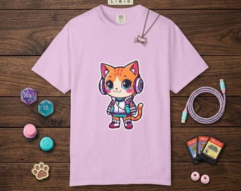 Cute Gamer Cat T-Shirt, Kawaii Anime Kitty Shirt, Pastel Pink Aesthetic Tee, Video Game Lover Gift, Comfort Colors Soft Cotton Tshirt, Kid