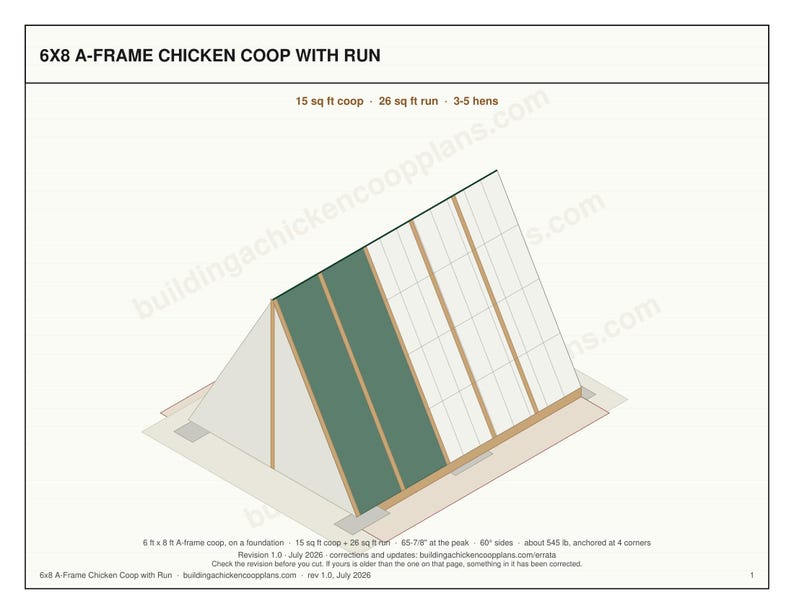 A Frame Chicken Coop Plans 6x8 for 3-5 Hens, Walk In Triangle Hen House Blueprint PDF, DIY Backyard Build with Cut List, Run Design image 2