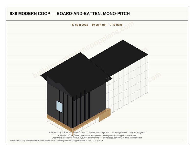 Modern Chicken Coop Plans 6x8 for 7-10 Hens, Board and Batten Hen House Blueprint PDF, DIY Walk In Build with Cut List, Run Design image 3
