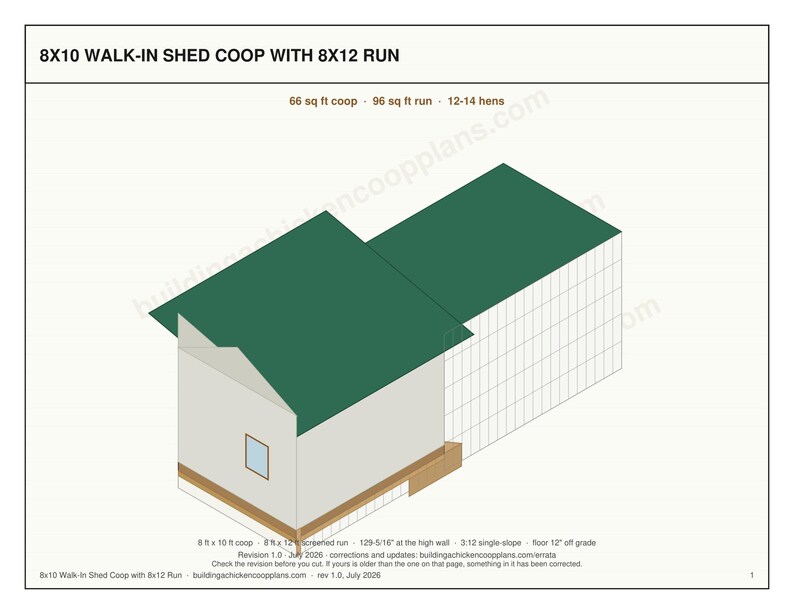 8x10 Chicken Coop Plans for 12-14 Hens, Walk In Hen House Blueprint PDF, DIY Shed Style Build with Cut List and Covered Run Design image 3