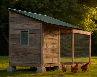 Pallet Chicken Coop Plans 6x8 for 7-10 Hens, Reclaimed Wood Hen House Blueprint PDF, DIY Walk In Build with Sourcing Guide and Cut List