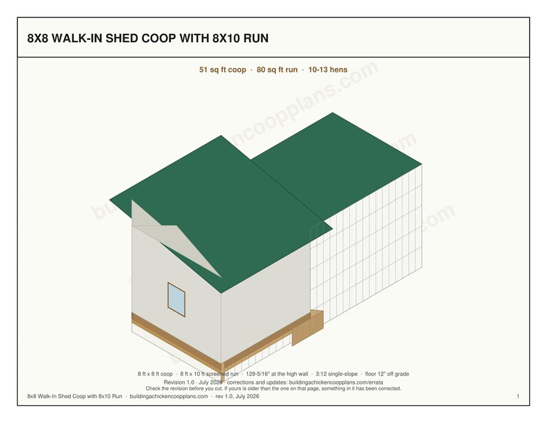 8x8 Chicken Coop Plans for 10-13 Hens, Walk In Hen House Blueprint PDF, DIY Shed Style Build with Cut List and Covered Run Design image 3