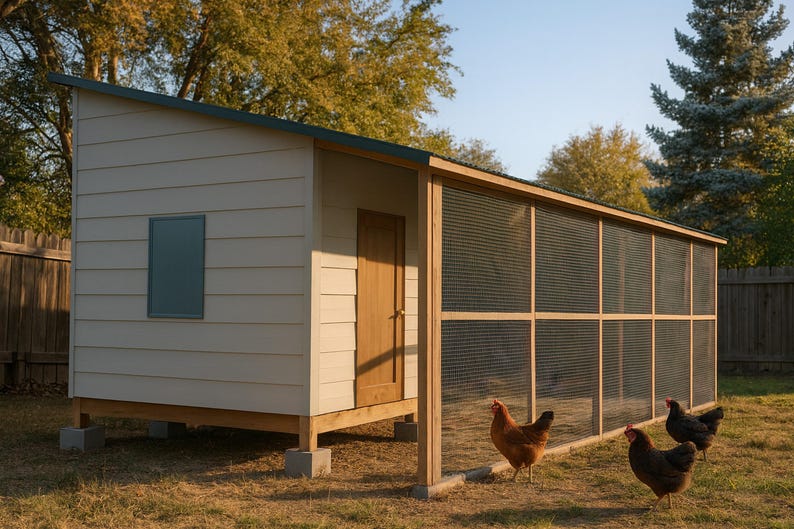 8x12 Chicken Coop Plans for 14-18 Hens, Walk In Hen House Blueprint PDF, DIY Shed Style Build with Cut List, Feed Room, Covered Run Design image 1