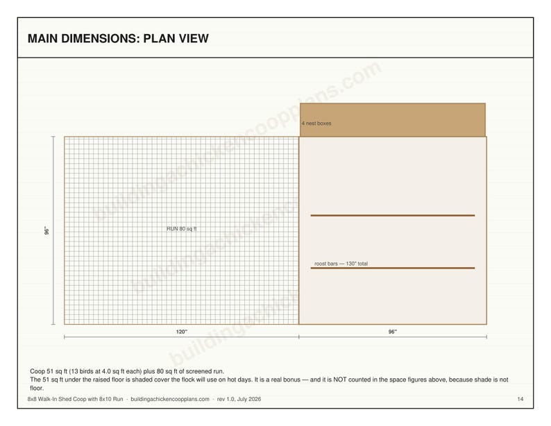 8x8 Chicken Coop Plans for 10-13 Hens, Walk In Hen House Blueprint PDF, DIY Shed Style Build with Cut List and Covered Run Design image 5