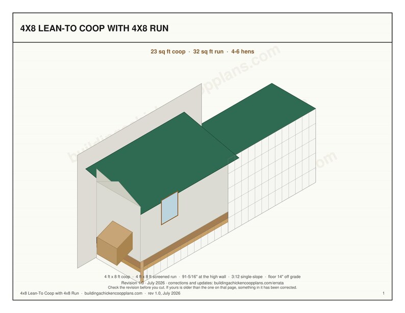 Lean To Chicken Coop Plans 4x8 for 4-6 Hens, Wall Mounted Hen House Blueprint PDF, DIY Build Against Fence or Shed with Cut List image 2