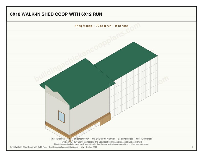 6x10 Chicken Coop Plans for 9-12 Hens, Walk In Hen House Blueprint PDF, DIY Shed Style Build with Cut List and Covered Run Design image 3
