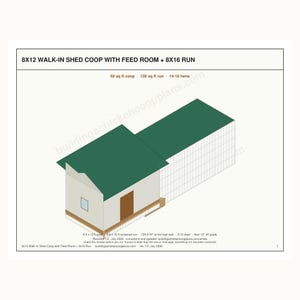 8x12 Chicken Coop Plans for 14-18 Hens, Walk In Hen House Blueprint PDF, DIY Shed Style Build with Cut List, Feed Room, Covered Run Design image 2