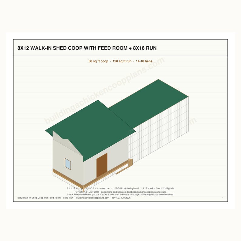 8x12 Chicken Coop Plans for 14-18 Hens, Walk In Hen House Blueprint PDF, DIY Shed Style Build with Cut List, Feed Room, Covered Run Design image 2