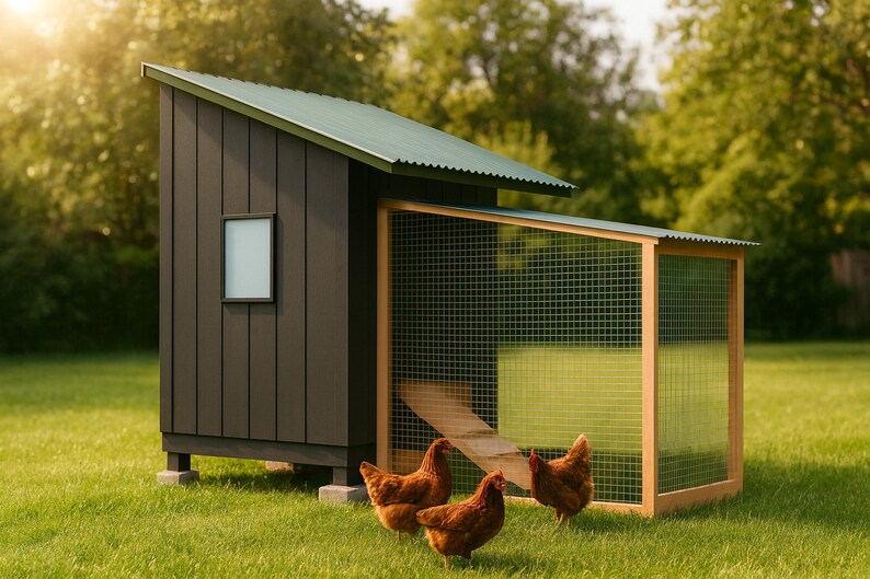 Modern Chicken Coop Plans 6x8 for 7-10 Hens, Board and Batten Hen House Blueprint PDF, DIY Walk In Build with Cut List, Run Design image 1