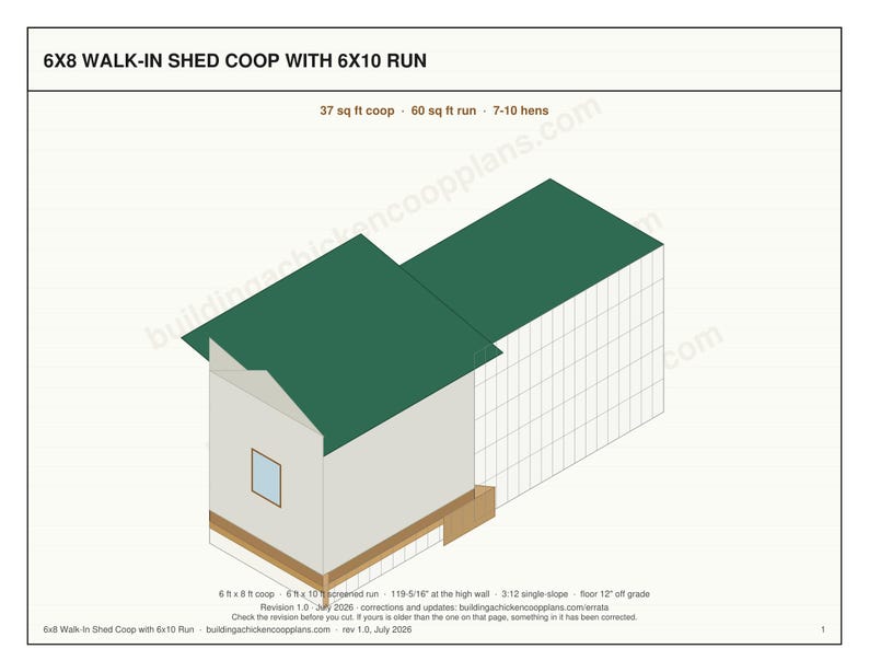 6x8 Chicken Coop Plans for 7-10 Hens, Walk In Hen House Blueprint PDF, DIY Shed Style Build with Cut List and Covered Run Design imagen 3