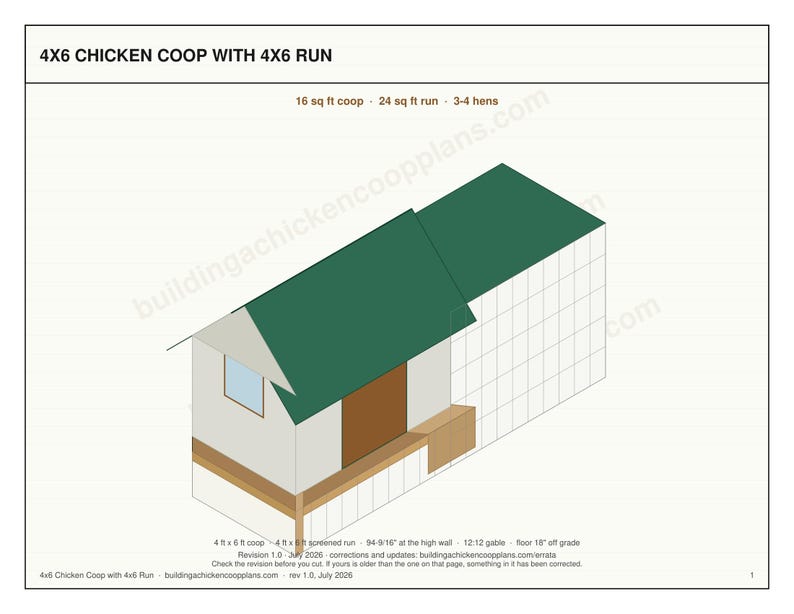 4x6 Chicken Coop Plans for 3-4 Hens, Small Backyard Hen House Blueprint PDF, DIY Gable Build with Cut List and Run Design image 3