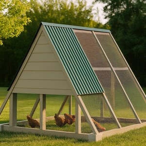 A Frame Chicken Coop Plans 6x8 for 3-5 Hens, Walk In Triangle Hen House Blueprint PDF, DIY Backyard Build with Cut List, Run Design