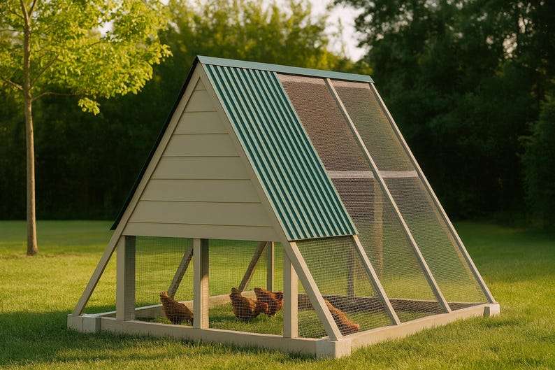 A Frame Chicken Coop Plans 6x8 for 3-5 Hens, Walk In Triangle Hen House Blueprint PDF, DIY Backyard Build with Cut List, Run Design image 1