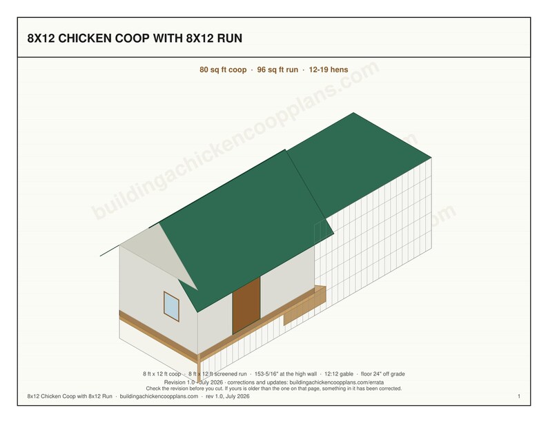 8x12 Chicken Coop Plans for 12-19 Hens, Gable Hen House Blueprint PDF, Large DIY Backyard Build with Cut List and Covered Run Design image 3