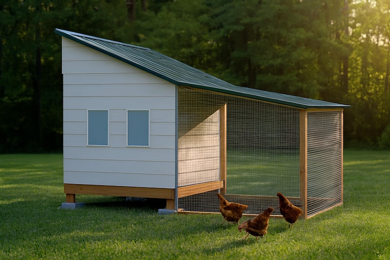 8x10 Chicken Coop Plans for 12-14 Hens, Walk In Hen House Blueprint PDF, DIY Shed Style Build with Cut List and Covered Run Design image 1