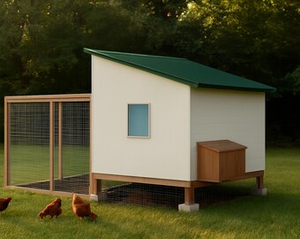 8x8 Chicken Coop Plans for 10-13 Hens, Walk In Hen House Blueprint PDF, DIY Shed Style Build with Cut List and Covered Run Design