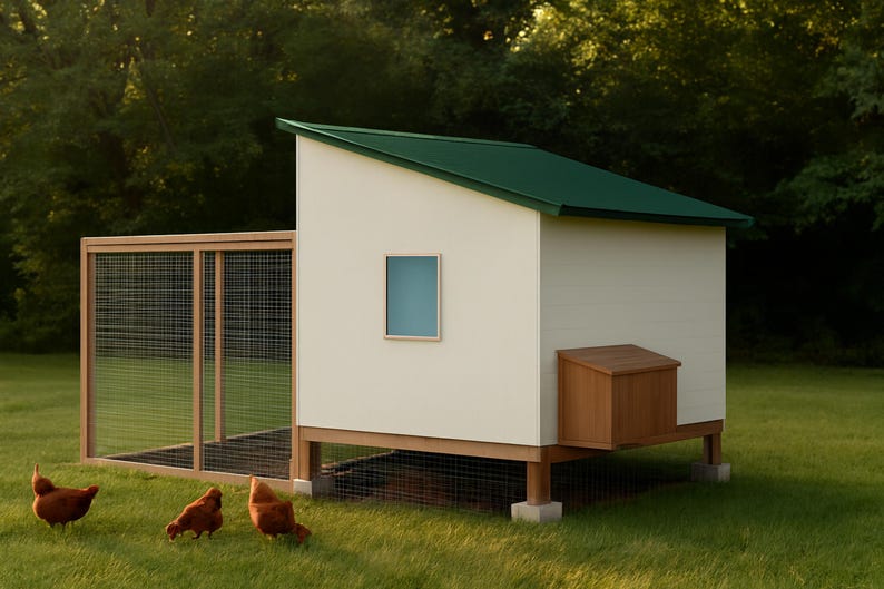 8x8 Chicken Coop Plans for 10-13 Hens, Walk In Hen House Blueprint PDF, DIY Shed Style Build with Cut List and Covered Run Design image 1